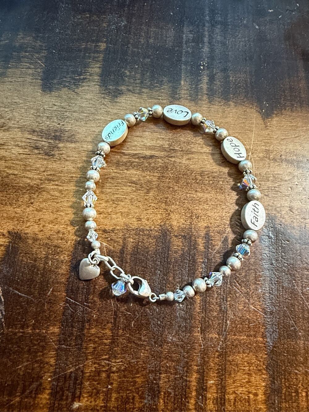 Faith Hope Love Friends Charm Bracelet Silver Tone Crystal Bead Heart